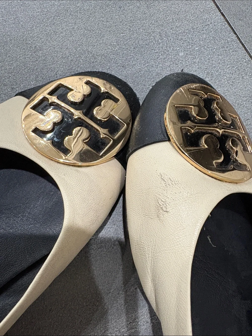 Tory Burch Two-Tone Cream and Black Leather Logo Ballet Flats